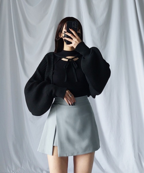COURREGES クレシュ ハイウエスト ストレト ヘム ミニスカト セール】ハイウエスト裾フレアインパン付きミニスカート