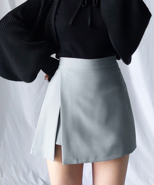 COURREGES クレシュ ハイウエスト ストレト ヘム ミニスカト セール】ハイウエスト裾フレアインパン付きミニスカート