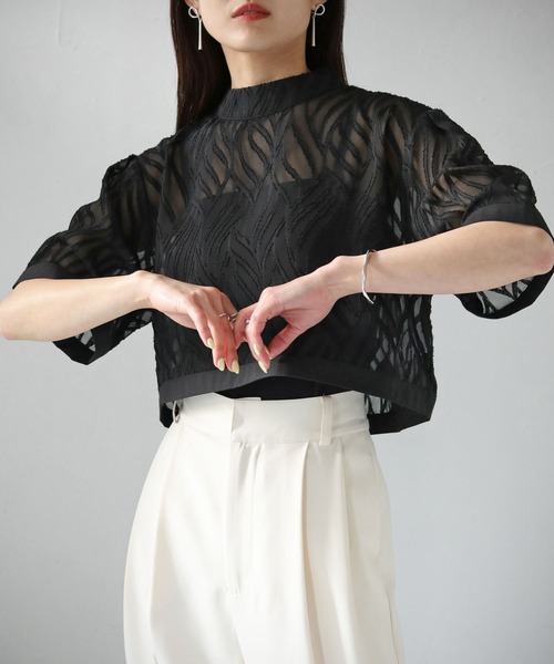 cheriella（シェリエラ）の「【cheriella】WEB限定リーフシアーショートトップス（シャツ/ブラウス・レディース・ブラック/アイボリー・M）」の15枚目の写真