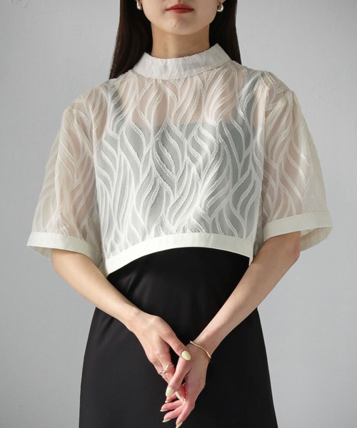 cheriella（シェリエラ）の「【cheriella】WEB限定リーフシアーショートトップス（シャツ/ブラウス・レディース・ブラック/アイボリー・M）」の3枚目の写真