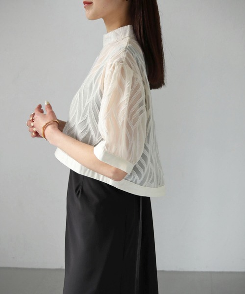 cheriella（シェリエラ）の「【cheriella】WEB限定リーフシアーショートトップス（シャツ/ブラウス・レディース・ブラック/アイボリー・M）」の5枚目の写真