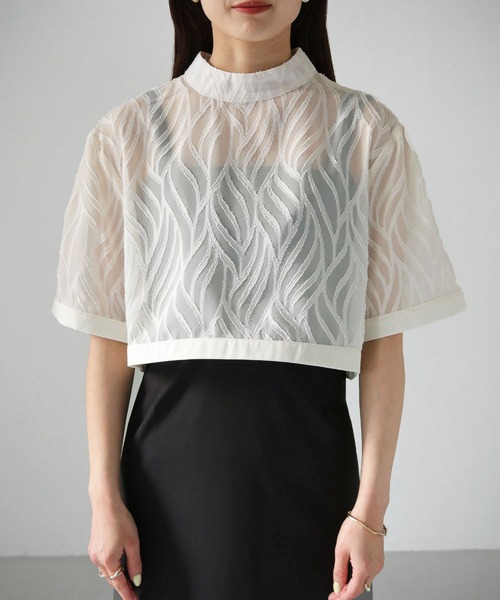 cheriella（シェリエラ）の「【cheriella】WEB限定リーフシアーショートトップス（シャツ/ブラウス・レディース・ブラック/アイボリー・M）」の4枚目の写真