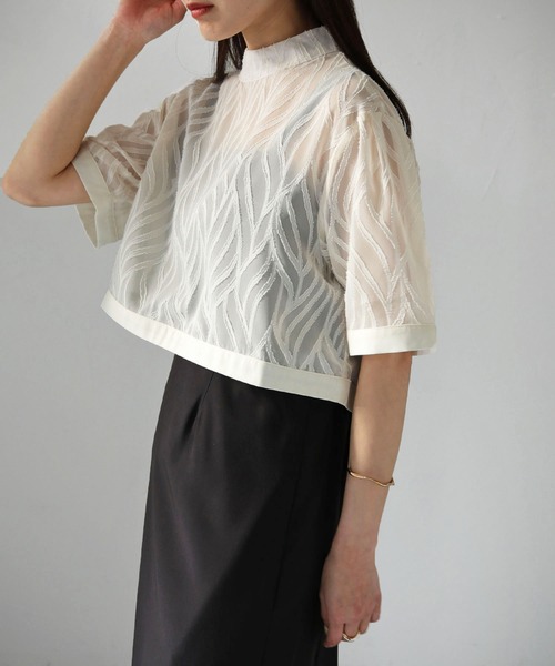 cheriella（シェリエラ）の「【cheriella】WEB限定リーフシアーショートトップス（シャツ/ブラウス・レディース・ブラック/アイボリー・M）」の8枚目の写真