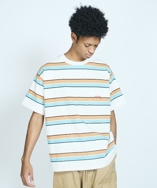 NutmegMills（ナツメグミルズ）の「NUTMEG MILLS /ナツメグミルズ EMB BORDER CREW POCKET TEE 刺繍ボーダーポケットTEE（Tシャツ/カットソー・メンズ・グレイッシュベージュ/ホワイト・X-SMALL/LARGE/X-LARGE/MEDIUM）」の16枚目の写真