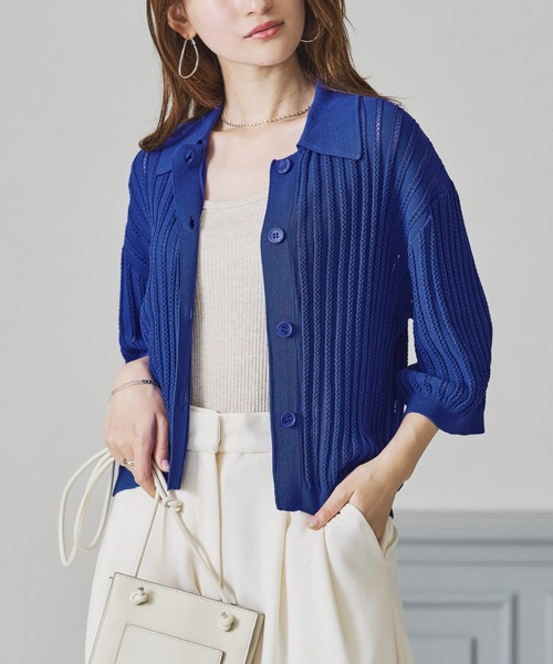 acro（アクロ）の「襟付き透かし編みニットカーディガン/AC3508（シャツ/ブラウス・レディース・ブルー/ホワイト/ブラック・フリー）」の3枚目の写真