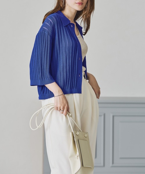 acro（アクロ）の「襟付き透かし編みニットカーディガン/AC3508（シャツ/ブラウス・レディース・ブルー/ホワイト/ブラック・フリー）」の10枚目の写真