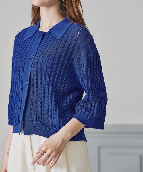 acro（アクロ）の「襟付き透かし編みニットカーディガン/AC3508（シャツ/ブラウス・レディース・ブルー/ホワイト/ブラック・フリー）」の7枚目の写真