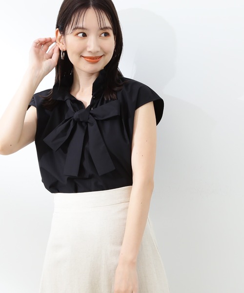 N.(N. Natural Beauty Basic)(エヌエヌナチュラルビューティーベーシック)の「◆リボンタイハイネックフリルブラウス(シャツ/ブラウス・レディース・ブラック/ストライプ/オフホワイト・MEDIUM)」の2枚目の写真