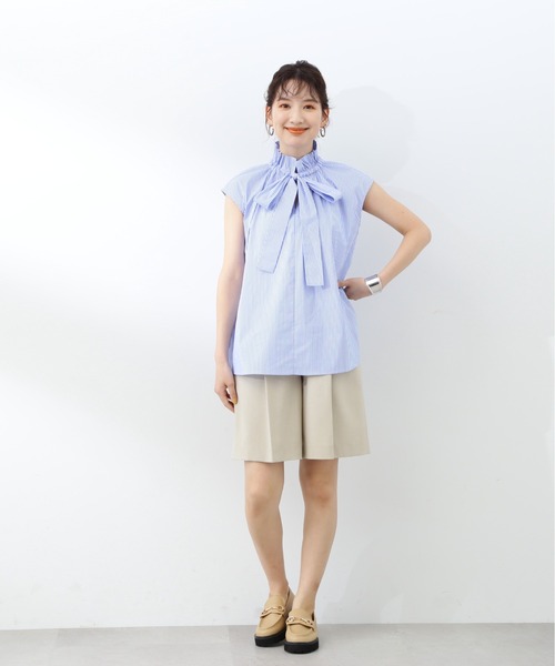 N.(N. Natural Beauty Basic)(エヌエヌナチュラルビューティーベーシック)の「◆リボンタイハイネックフリルブラウス(シャツ/ブラウス・レディース・ブラック/ストライプ/オフホワイト・MEDIUM)」の10枚目の写真