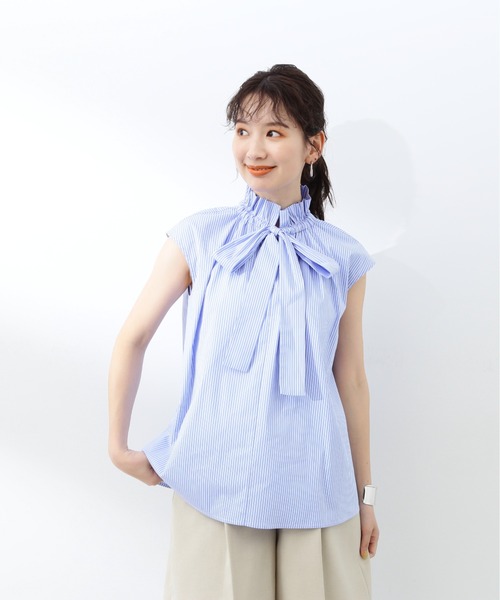 N.(N. Natural Beauty Basic)(エヌエヌナチュラルビューティーベーシック)の「◆リボンタイハイネックフリルブラウス(シャツ/ブラウス・レディース・ブラック/ストライプ/オフホワイト・MEDIUM)」の8枚目の写真
