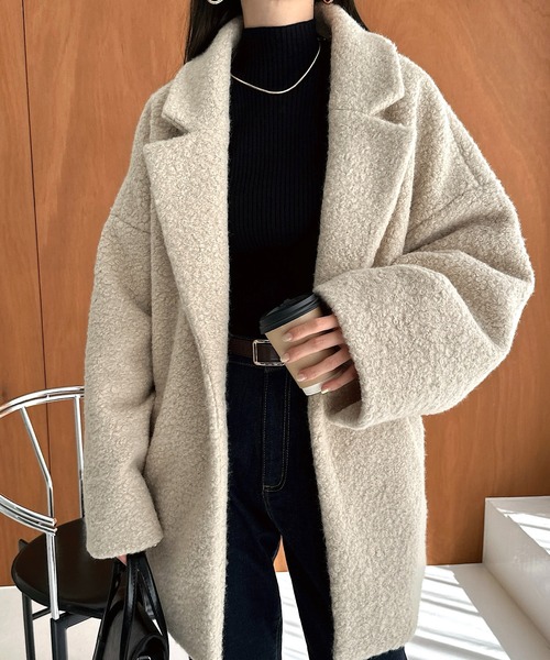 ミドル丈シープ調ボアテーラードコート（チェスターコート）｜andme