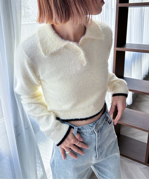 EPIMI E'PIMMY（エピミエピミー）の「【ハンドウォッシャブル】配色ラインシャギーポロニット（ニット/セーター・レディース・ピンクベージュ/オフホワイト/グレー・MEDIUM）」の21枚目の写真