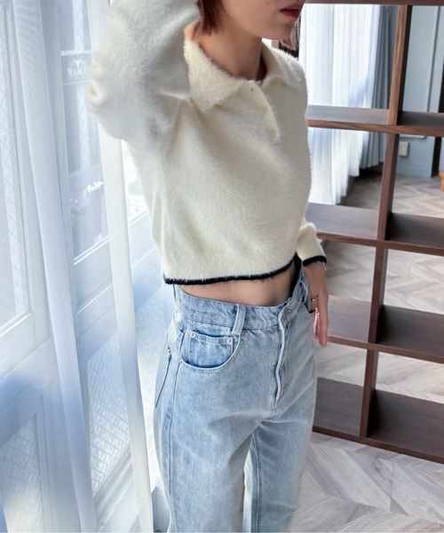 EPIMI E'PIMMY（エピミエピミー）の「【ハンドウォッシャブル】配色ラインシャギーポロニット（ニット/セーター・レディース・ピンクベージュ/オフホワイト/グレー・MEDIUM）」の22枚目の写真