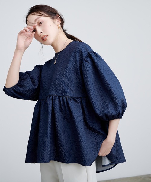 UR'S（ユアーズ）の「ふくれジャガードパイピングトップス（Tシャツ/カットソー・レディース・ブルー系その他/ホワイト/ブラック・S/L/M）」の3枚目の写真