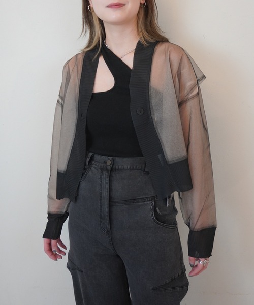 AULA AILA(アウラアイラ)の「シアーニットカーディガン(カーディガン/ボレロ・レディース・ブラック/ピンク/イエロー×グリーン・0)」の1枚目の写真