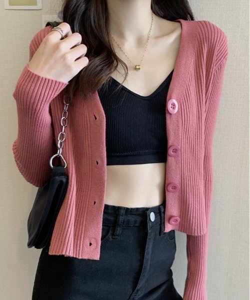 kirakiraShop（キラキラショップ）の「リブ ニット カーディガン（ニット/セーター・レディース・グレー/サックスブルー/ブラック/アイボリー/パープル/ホワイト/ピンク・FREE）」の7枚目の写真