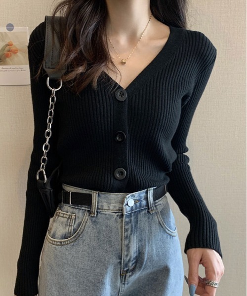 kirakiraShop（キラキラショップ）の「リブ ニット カーディガン（ニット/セーター・レディース・グレー/サックスブルー/ブラック/アイボリー/パープル/ホワイト/ピンク・FREE）」の3枚目の写真