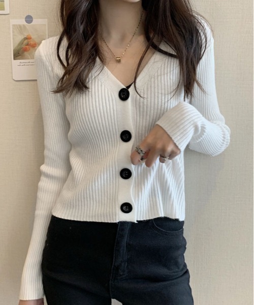 kirakiraShop（キラキラショップ）の「リブ ニット カーディガン（ニット/セーター・レディース・グレー/サックスブルー/ブラック/アイボリー/パープル/ホワイト/ピンク・FREE）」の12枚目の写真