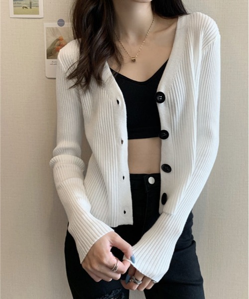 kirakiraShop（キラキラショップ）の「リブ ニット カーディガン（ニット/セーター・レディース・グレー/サックスブルー/ブラック/アイボリー/パープル/ホワイト/ピンク・FREE）」の11枚目の写真