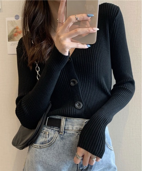 kirakiraShop（キラキラショップ）の「リブ ニット カーディガン（ニット/セーター・レディース・グレー/サックスブルー/ブラック/アイボリー/パープル/ホワイト/ピンク・FREE）」の8枚目の写真