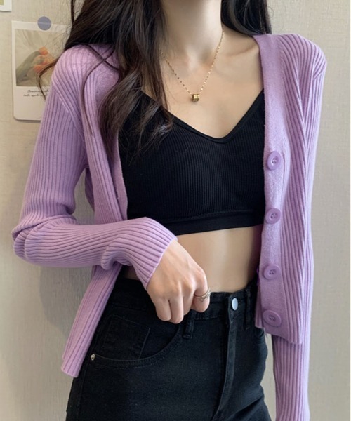 kirakiraShop（キラキラショップ）の「リブ ニット カーディガン（ニット/セーター・レディース・グレー/サックスブルー/ブラック/アイボリー/パープル/ホワイト/ピンク・FREE）」の20枚目の写真