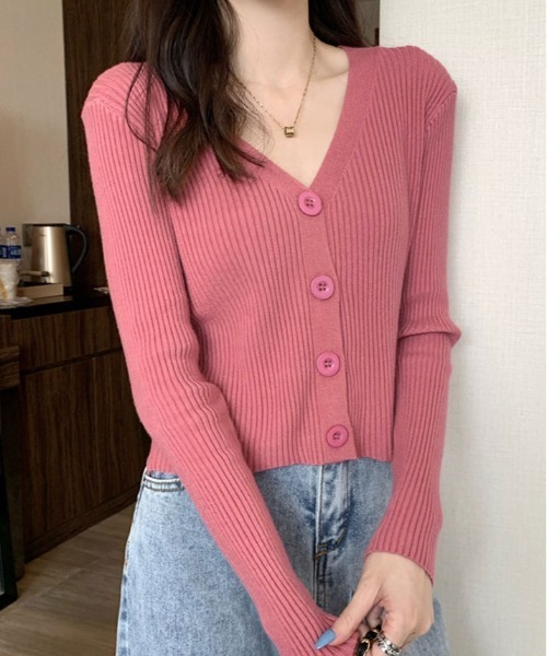 kirakiraShop（キラキラショップ）の「リブ ニット カーディガン（ニット/セーター・レディース・グレー/サックスブルー/ブラック/アイボリー/パープル/ホワイト/ピンク・FREE）」の16枚目の写真