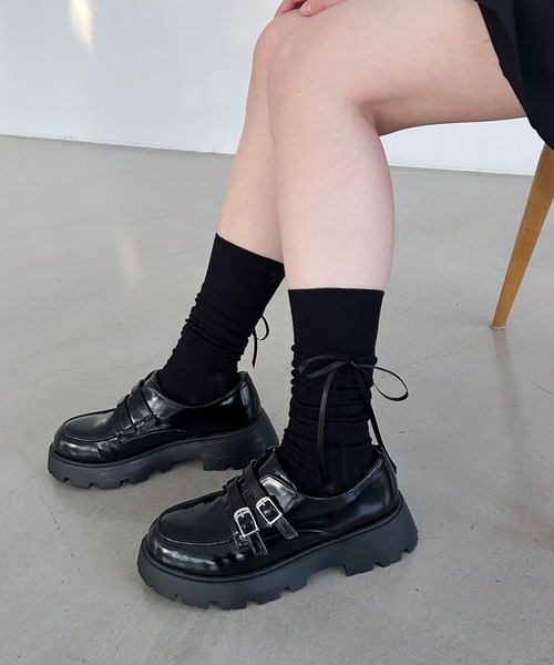 Heather（ヘザー）の「細リボンリブSOX　109490（ソックス/靴下・レディース・ブラック/ホワイト・FREE）」の2枚目の写真