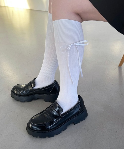 Heather（ヘザー）の「細リボンリブSOX　109490（ソックス/靴下・レディース・ブラック/ホワイト・FREE）」の3枚目の写真