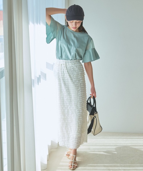 mysty woman（ミスティウーマン）の「シアーショルダープルオーバー　113483（Tシャツ/カットソー・レディース・オフホワイト/ブラック/グレイッシュベージュ/ブルー系その他/オレンジ/ライトグリーン/ピンク・FREE）」の15枚目の写真