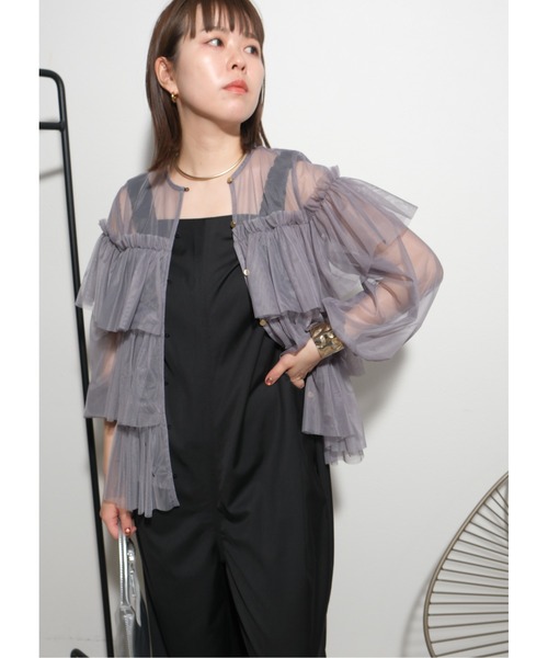 palm RICHE(ポームリシュ)の「チュールTOPS(Tシャツ/カットソー・レディース・オフホワイト/ブラック/グレー・M)」の1枚目の写真