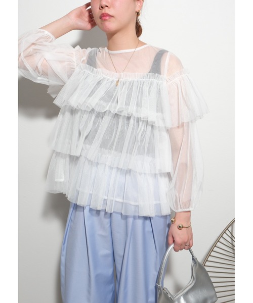 palm RICHE(ポームリシュ)の「チュールTOPS(Tシャツ/カットソー・レディース・オフホワイト/ブラック/グレー・M)」の2枚目の写真