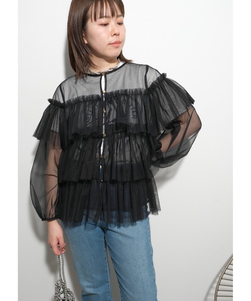 palm RICHE(ポームリシュ)の「チュールTOPS(Tシャツ/カットソー・レディース・オフホワイト/ブラック/グレー・M)」の3枚目の写真