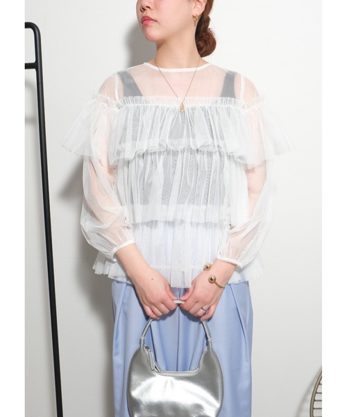 palm RICHE(ポームリシュ)の「チュールTOPS(Tシャツ/カットソー・レディース・オフホワイト/ブラック/グレー・M)」の8枚目の写真