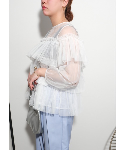 palm RICHE(ポームリシュ)の「チュールTOPS(Tシャツ/カットソー・レディース・オフホワイト/ブラック/グレー・M)」の9枚目の写真