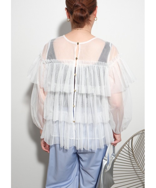 palm RICHE(ポームリシュ)の「チュールTOPS(Tシャツ/カットソー・レディース・オフホワイト/ブラック/グレー・M)」の10枚目の写真