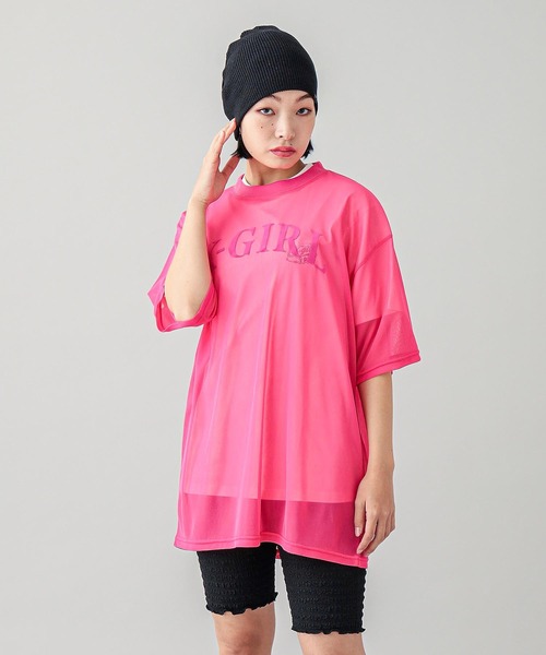 X-girl（エックスガール）の「SHEER S/S TOP（Tシャツ/カットソー・レディース・ブラック/ピンク・ONE SIZE）」の3枚目の写真
