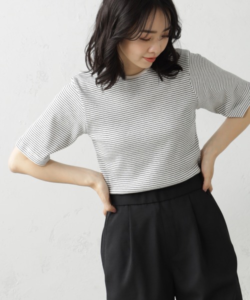 FOUND GOOD(ファウンドグッド)の「すっきりシルエットリブ5分袖Tシャツ(Tシャツ/カットソー・レディース・ブラック/ホワイト系5/グレー系/グリーン系8/オレンジ系5・S/M/L)」の1枚目の写真