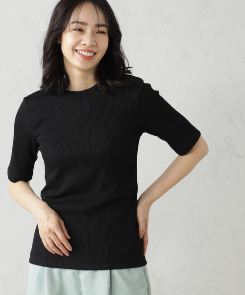 FOUND GOOD(ファウンドグッド)の「すっきりシルエットリブ5分袖Tシャツ(Tシャツ/カットソー・レディース・ブラック/ホワイト系5/グレー系/グリーン系8/オレンジ系5・S/M/L)」の3枚目の写真