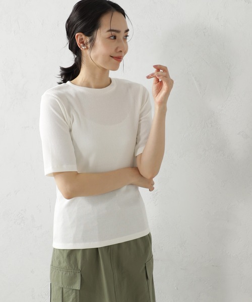 FOUND GOOD(ファウンドグッド)の「すっきりシルエットリブ5分袖Tシャツ(Tシャツ/カットソー・レディース・ブラック/ホワイト系5/グレー系/グリーン系8/オレンジ系5・S/M/L)」の9枚目の写真