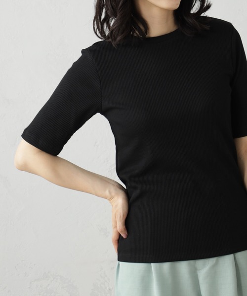 FOUND GOOD(ファウンドグッド)の「すっきりシルエットリブ5分袖Tシャツ(Tシャツ/カットソー・レディース・ブラック/ホワイト系5/グレー系/グリーン系8/オレンジ系5・S/M/L)」の13枚目の写真