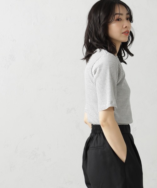 FOUND GOOD(ファウンドグッド)の「すっきりシルエットリブ5分袖Tシャツ(Tシャツ/カットソー・レディース・ブラック/ホワイト系5/グレー系/グリーン系8/オレンジ系5・S/M/L)」の15枚目の写真