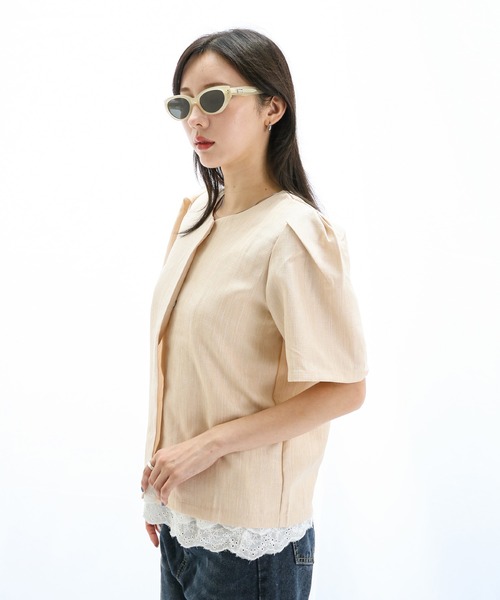 ENLIKE(エンリケ)の「ノーカラーパフスリーブ半袖ジャケット(ノーカラージャケット・レディース・ホワイト/ベージュ・FREE)」の9枚目の写真
