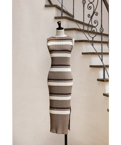 【特価】 Cotton Striped Ribbed Knit Dress（ワンピース）｜Her lip to ワンピース