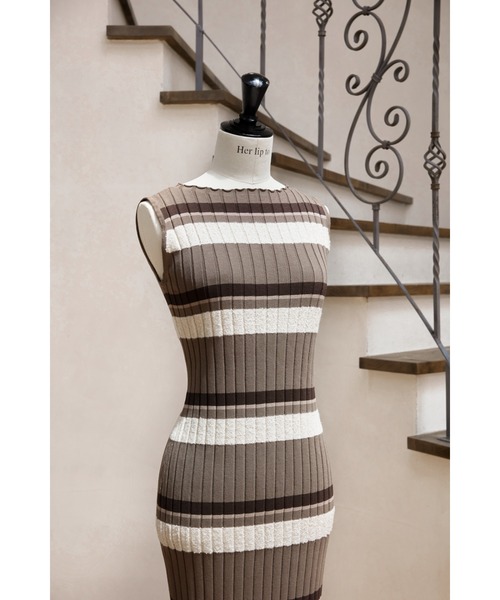 グランドホールセール Ribbed Striped Cotton Knit to lip Dress（ワンピース）｜Her ワンピース