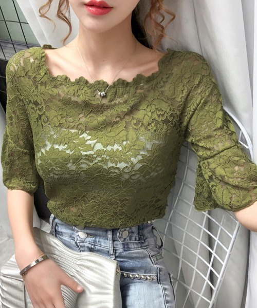 Miniministore（ミニミニストア）の「総レース フレアスリーブブラウス 肌見せ（シャツ/ブラウス・レディース・ダークグリーン/ホワイト/モスグリーン/ブラック/ピンク・FREE）」の4枚目の写真