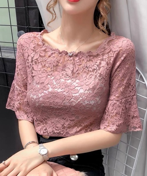 Miniministore（ミニミニストア）の「総レース フレアスリーブブラウス 肌見せ（シャツ/ブラウス・レディース・ダークグリーン/ホワイト/モスグリーン/ブラック/ピンク・FREE）」の10枚目の写真