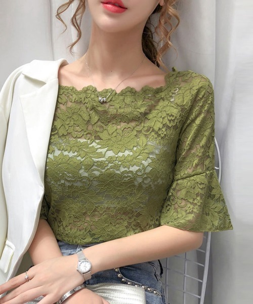 Miniministore（ミニミニストア）の「総レース フレアスリーブブラウス 肌見せ（シャツ/ブラウス・レディース・ダークグリーン/ホワイト/モスグリーン/ブラック/ピンク・FREE）」の14枚目の写真