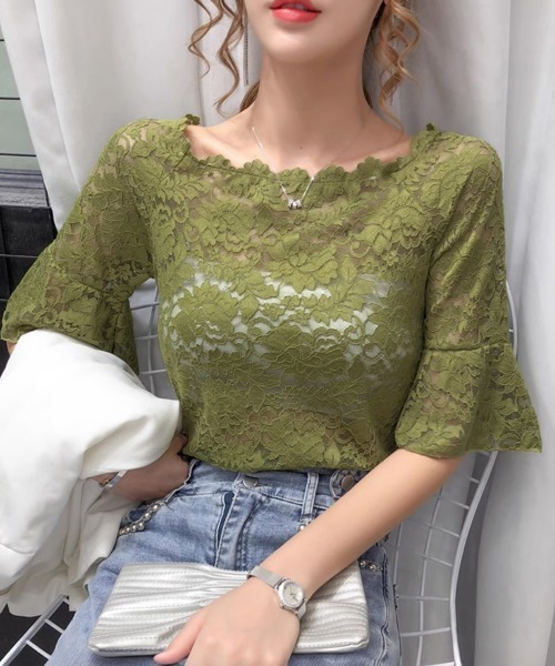 Miniministore（ミニミニストア）の「総レース フレアスリーブブラウス 肌見せ（シャツ/ブラウス・レディース・ダークグリーン/ホワイト/モスグリーン/ブラック/ピンク・FREE）」の15枚目の写真