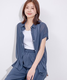 麻調シアーネックVギャザーブラウス