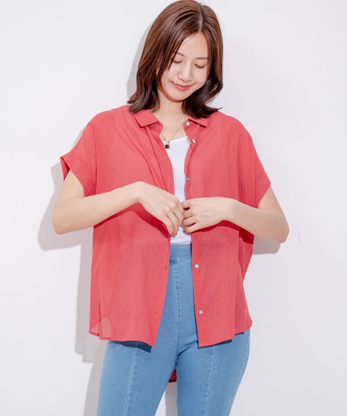 Jayro(ジャイロ)の「麻調シアーネックVギャザーブラウス(シャツ/ブラウス・レディース・レッド/ホワイト系その他/ネイビー・FREE)」の3枚目の写真